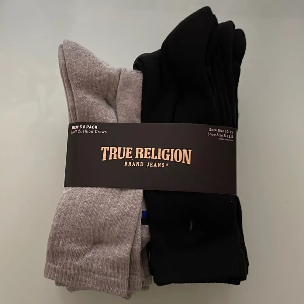 True Religion men’s 8 pack Half cushion crews 10-13 shoes size 8-12.5